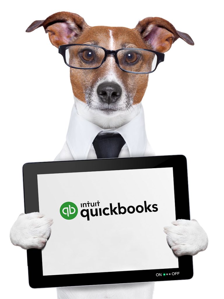 Dog Holding Laptop Recommends Quickbooks